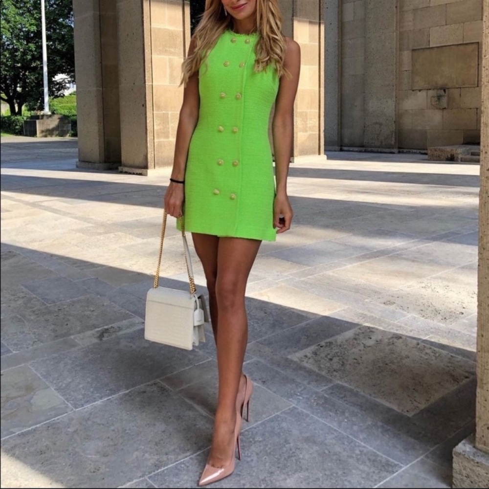 ZARA TEXTURED DRESS NEON GREEN BUTTONS XS Bloggers - Picture 16 of 16